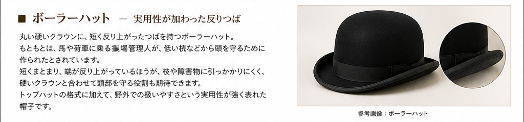 短く反り上がったつばを持つボーラーハットの参考イメージ