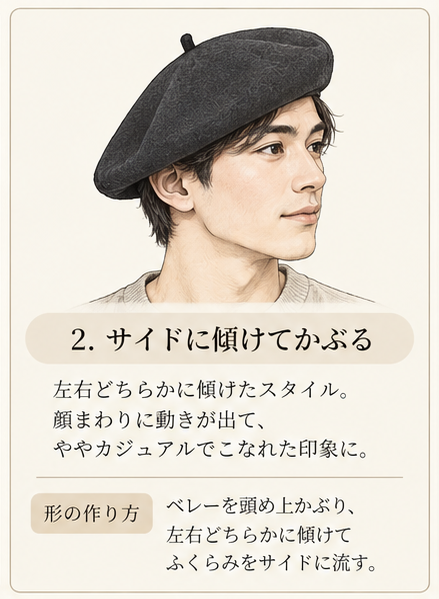 LAULHÈRE ベレーのかぶり方 2 サイドに傾けてかぶる。左右どちらかにベレーを傾け、ふくらみをサイドへ流すスタイル