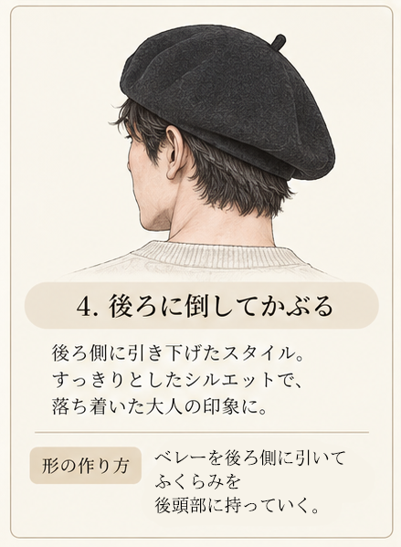 LAULHÈRE ベレーのかぶり方 4 後ろに倒してかぶる。ベレーを後ろ側に引き、ふくらみを後頭部へ流すスタイル