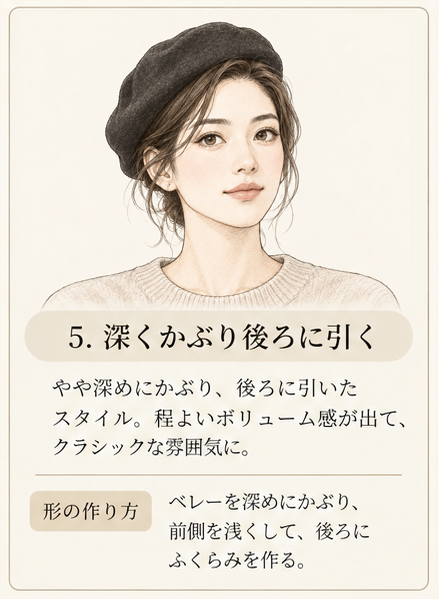 LAULHÈRE ベレーのかぶり方 5 深くかぶり後ろに引く。ベレーを深めにかぶり、後方へふくらみを作るクラシックなスタイル