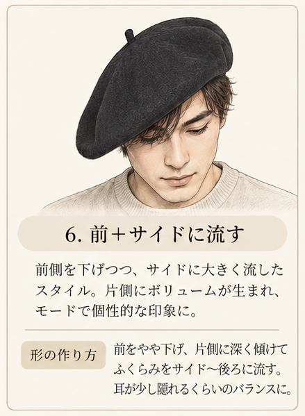 LAULHÈRE ベレーのかぶり方 6 前とサイドに流す。前側を下げながら片側へ深く傾け、ふくらみをサイドから後方へ流すスタイル