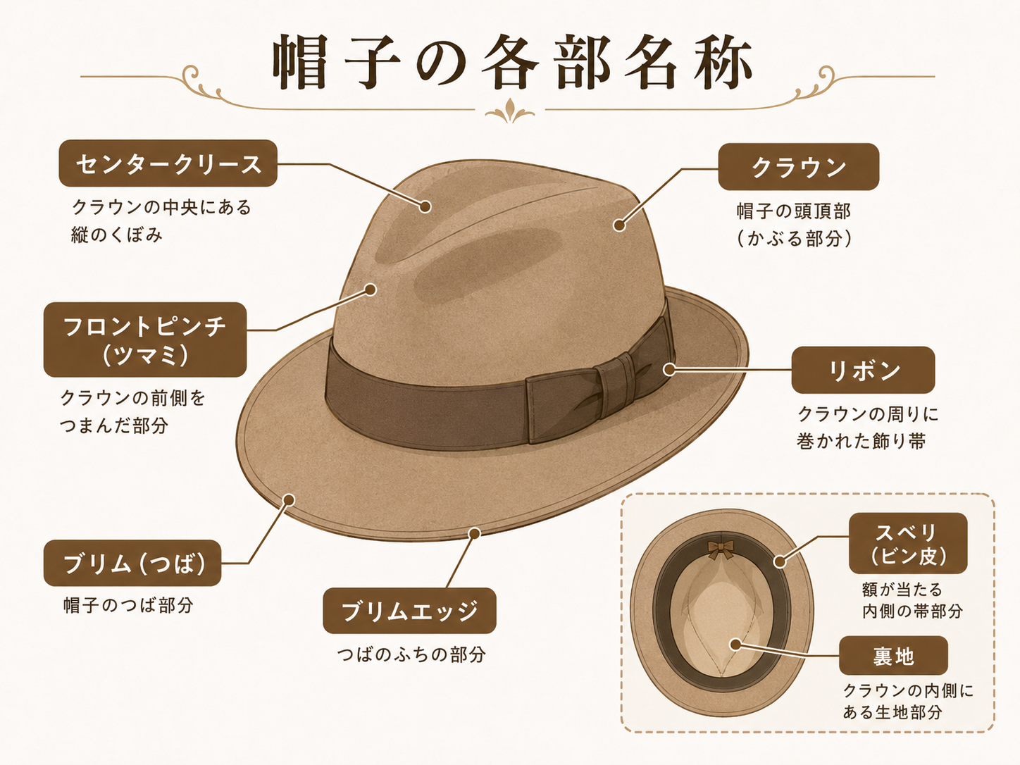 帽子の各部名称。クラウン、ブリム、リボン、スベリなど中折れ帽の基本パーツ